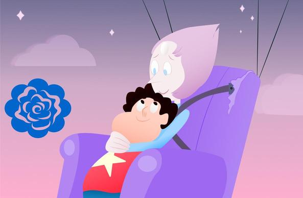 Ilustracion completa de mi redraw de Pearl y Steven cuando se lanzan al cielo juntos con un sofá volador. Con un cielo al atardecer donde aparecen algunas estrellas
