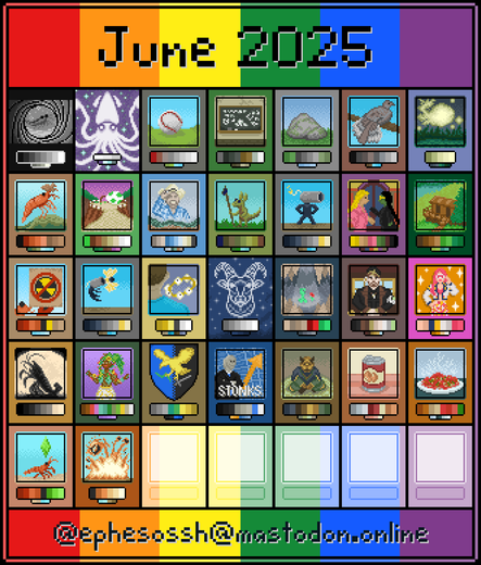 Calendar view of my Pixel Dailies pieces for the month of June 2025, in order: view, cephalopod, simple, complex, boulder, dovetail, will of the wisp, biscuit, course, wild west, kobold, cannon, loading, free space (no theme), Ballistic, platformer, angel, astrology, cave creature, door, protagonist, curse, free space (no theme), sandwich, climb, fencer, tin, sour, free space (no theme), and explosion.