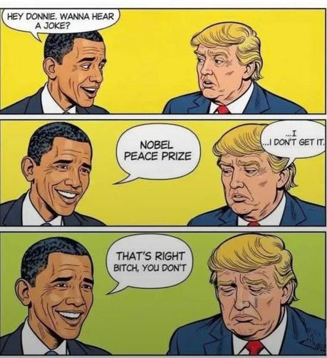 Comic

First Panel:
Obama says to Trump "hey Donnie wanna hear a joke?"

Second panel:
Obama says "Nobel Peace Prize"
Trump says "I don't get it"

Third panel:
Obama laughing "that's right bitch, you don't"
Trump *cries*