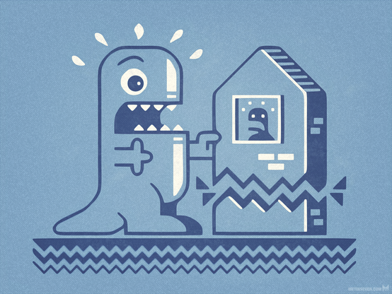 Graphic-style 2D illustration, showing a dinosaur-like monster getting scared by a human inside a house the monster is demolishing, while the human is equally scared by the monster.