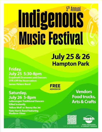 Flyer with a bright yellow and green color scheme. The header features the words "Indigenous Music Festival" in large, bold black font, with "5th Annual" positioned above. A cartoon bee symbol is in the background. Below, "July 25 & 26, Hampton Park" is printed. The flyer is divided into sections listing the schedules for Friday and Saturday with performers, followed by "FREE ADMISSION", and "Vendors, Food trucks, Arts & Crafts." A QR code and the Saanich Parks logo are at the bottom right.