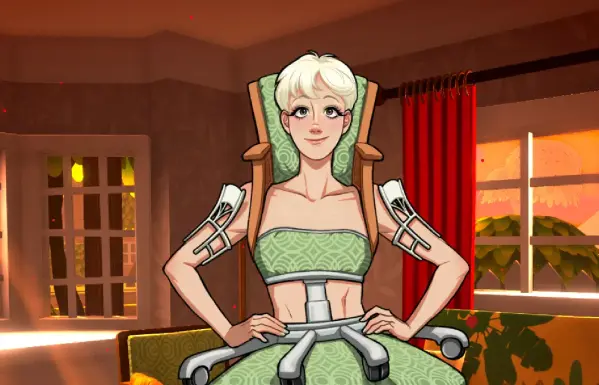 Screenshot from Date Everything! showing Chairemi, the actress who's also a chair. She has short blonde hair, a green top and skirt, and a lot of chair accoutrements.