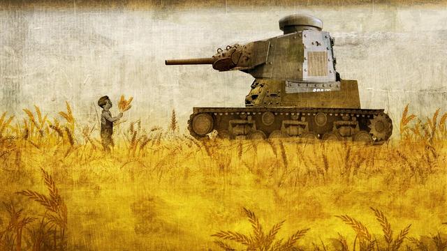 A child is gathering wheat in front of a prehistoric (WWI?) tank in a field of golden wheat.