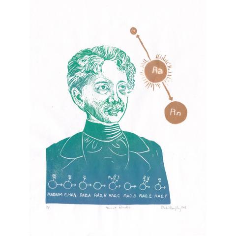 My 9.25" x 12.5" linocut portrait of physicist Harriet Brooks (1876 - 1933) in a gradient of turquoise to green, shows her and her discovery of atomic recoil in gold (Radon gives off an alpha particle and daughter nucleus goes in opposite direction).   A series of diagrams at the bottom shows how the Rutherford research group understood chains of radioactive active transmutations at the time.