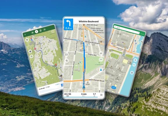 Banner von CoMaps mit einer Berglandschaft im Hintergrund und drei Screenshots mit Karten- und Navigationsansichten aus der App im Vordergrund.