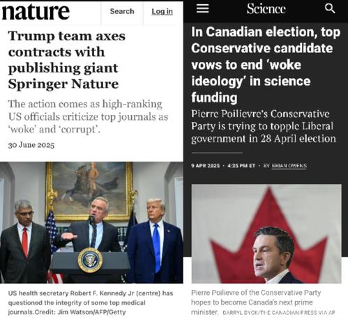 L: Nature
Trump team axes contracts with publishing giant
Springer Nature
Summary
The action comes as high-ranking
US officials criticize top journals as
'woke' and 'corrupt'.
30 June 2025
Photo of MAGA fascists
US health secretary Robert F. Kennedy Jr (centre) has questioned the integrity of some top medical journals. Credit: Jim Watson/AFP/Getty

R: Science
In Canadian election, top Conservative candidate vows to end 'woke ideology' in science funding
Pierre Poilievre's Conservative Party is trying to topple Liberal government in 28 April election
9 APR 2025 • BY BRIAN OWENS
Image of Maple Maga fascist
Pierre Poilievre of the Conservative Party hopes to become Canada's next prime minister. DARRYL DYCK/THE CANADIAN PRESS VIA AP