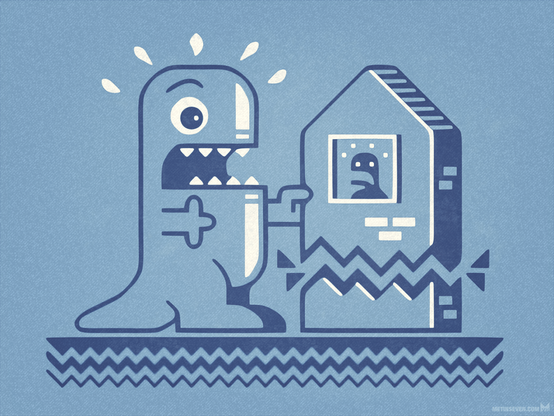 Graphic-style 2D illustration, showing a dinosaur-like monster getting scared by a human inside a house the monster is demolishing, while the human is equally scared by the monster.