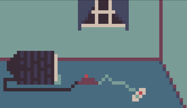 Pixel art of a blue room with an old CRT (tube) television sitting on the floor with an attached gaming console with controller