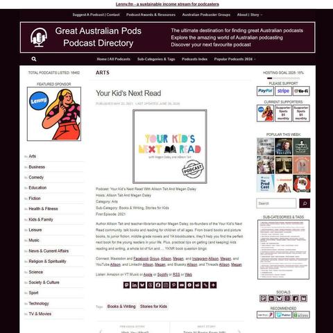 Your Kid's Next Read With Allison Tait And Megan Daley
Screenshot of the podcast listing on the Great Australian Pods website