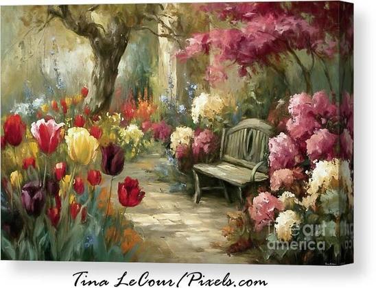 This is a canvas impressionism of a pretty spring flower garden with tulip flowers and hydrangea flowers along a stone path with an inviting wooden bench.