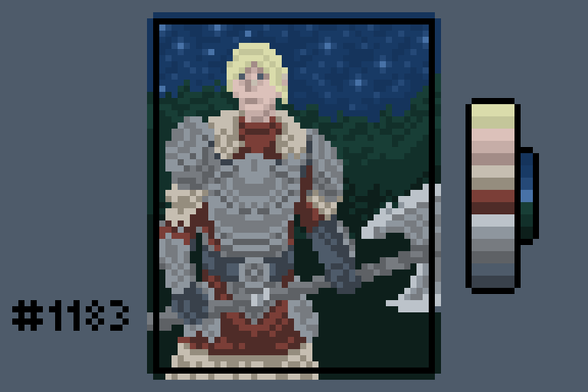 Pixel art of Lyris Titanborn, one of the heroes of Elder Scrolls Online. She's a very tall and built blond woman wearing carved plate armor over furs and red robes, and carrying a giant axe.