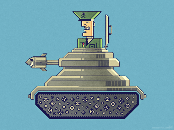 Cartoon-style satirical 2D artwork, showing a caricature of a general, protruding from the top of a caricatural tank with lots of cog-wheels, and a rocket with an evil grin at the front.