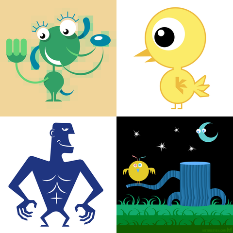 Four cartoon-style vector character designs of a dog, chick, man and bird on a tree stump.