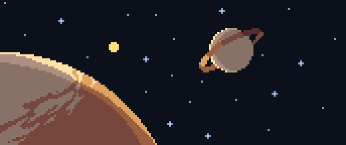 A picture with Saturn (right), it's moon Titan (left bottom) and the sun (top left). In the background are some stars