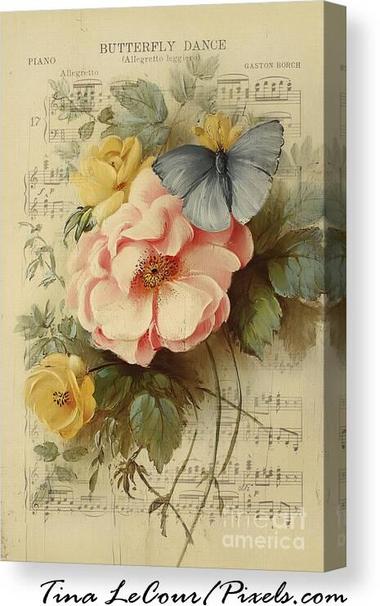 This is a vintage mixed media canvas of a bouquet of vintage spring flowers with a blue butterfly and vintage sheet music in the background called Butterfly Dance.