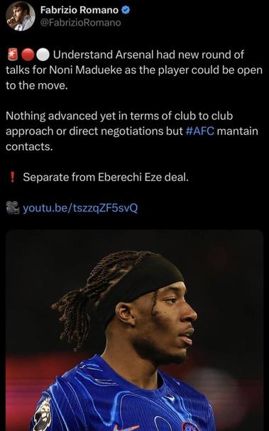 [Romano] Understand Arsenal had new round of talks for Noni Madueke as the player could be open to the move. Nothing advanced yet in terms of club to club approach or direct negotiations but #AFC mantain contacts. Separate from Eberechi Eze deal.