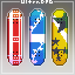 Pixel art of 3 skate decks. Each has a different primary color and different designs.