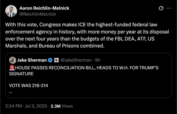 @ReichlinMelnick
With this vote, Congress makes ICE the highest-funded federal law enforcement agency in history, with more money per year at its disposal over the next four years than the budgets of the FBI, DEA, ATF, US Marshals, and Bureau of Prisons combined.