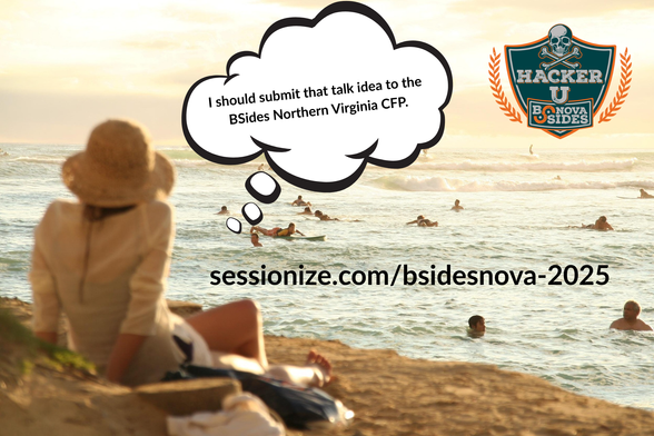 Person on a beach overlooking water with people swimming. Thought bubble says, "I should submit that talk idea to the BSides Northern Virginia CFP."