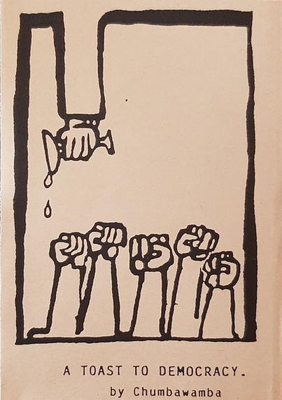 The cover of the cassette "A Toast To Democracy" by Chunbwamba. With black ink on a beige background arm reaches down and drips liquid from a wine glass onto a sea of raised fists at the bottom.