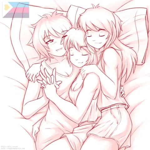 A digital illustration of three women cuddling in bed together.

There is a Polyamory flag (the newer one) in the upper left corner of the image.
