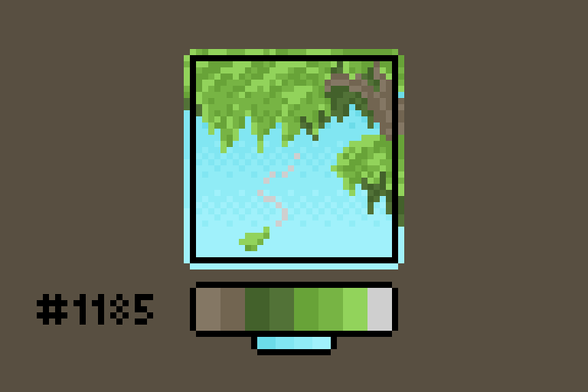 Pixel art showing part of a tree's canopy, and one leaf that has broken off to fall downward.