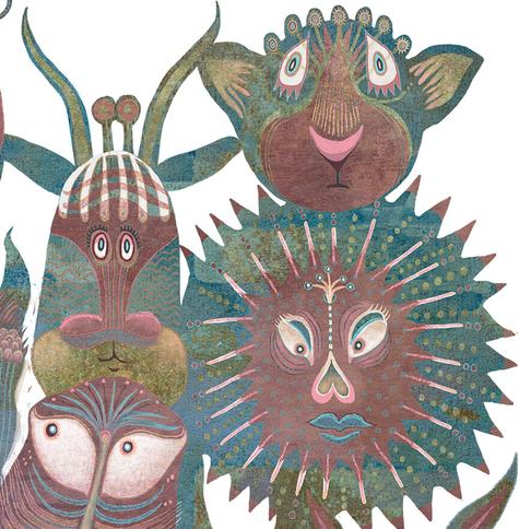 Various semi-abstract faces of unique creatures, expressing varying emotions in a myriad of colors and textures against a white background.