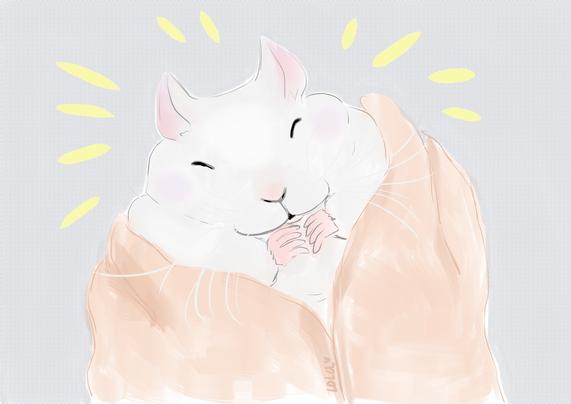 Digital painting of a white rat, someone is holding it with both hands and the rat looks happy with its eyes closed.