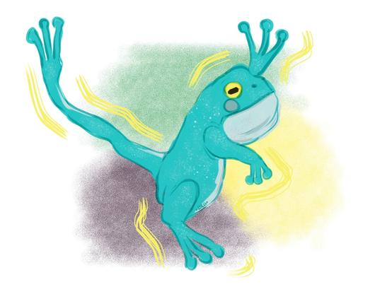 Digital painting of a frog, in green and yellow hues, it has a funny pose like stretching one back leg in one direction and the front legs in the other direction (I'm sorry, it's hard to describe this one)