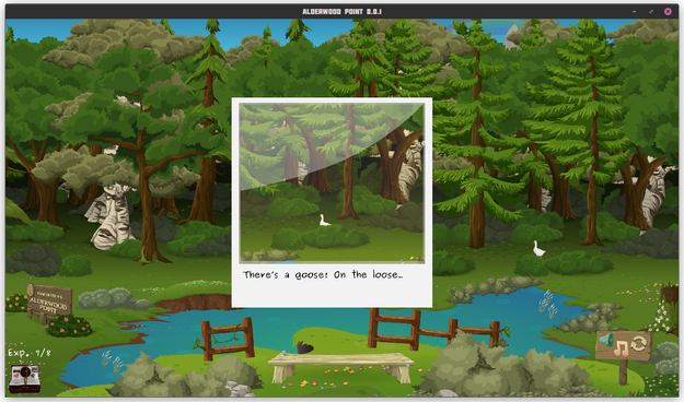 a screenshot of Alderwood Point, a game that the aldercone collective, which includes evel, recently finished. the screenshot shows off the in-game instant photos, and that you can click on one to see it bigger! In this one is the fluffy white goose, seen between trees and bushes. you can find the game at: aldercone.itch.io