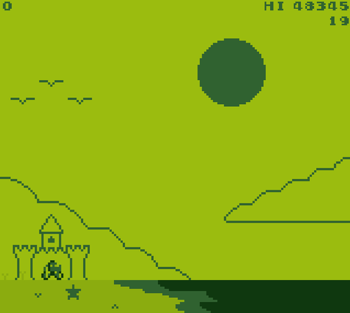 a screenshot of a game made by octo using all greens of the gameBoy color palette. it's a landscape of a small castle by the sea with a mountain and a big cloud in the mid-ground above which is a big sun and three birds flying by. before the castle is a small octopus next to a turtle in the sand. it's goal is to jump some waves to increase it's score which is listed in the top right of the screen.