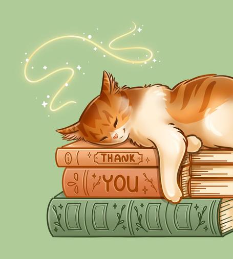 A digital illustration of an orange cat laying on a stack of books, it's arm dangling. The background is a soft green and the spines of the books read "Thank you" and a lot of decoration. Above the cat a sparkly whisp glides up, hinting at magical dreams.
