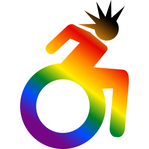 simple cripplePunk accessibility icon made by evel of aldercone studio of a person with a spiked cresta and in a wheelchair actively pushing themselves in a philly pride gradient of black, brown, red, orange, yellow, green, blue, and purple. it's made for public domain, available on freeSVG here: https://freesvg.org/cripplepunk-accessible-icon