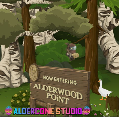 a snapshot of a game that the aldercone studio collective, of which evel is a part of, recently finished. A foresty scene using the glitch game graphics plus some other things! there's a big sign that says "now entering alderwood point", and there's lots of trees and bushes of various kinds. There's also a big white goose standing to the right of the sign and somewhat hidden amongst the bushes and trees is a sort of post-apocalyptic postal carrier