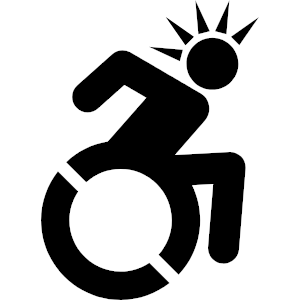 a simple cripplePunk accessibility icon in black made by evel of aldercone studio of a person with a spiked cresta in a wheelchair actively pushing themselves. it's made for public domain, available on freeSVG here: https://freesvg.org/cripplepunk-accessible-icon