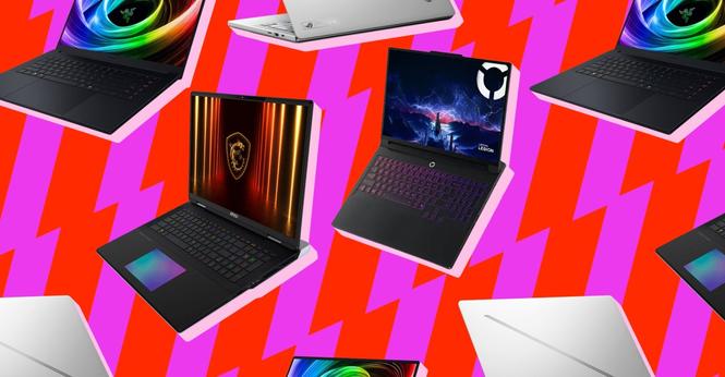 An illustration of various gaming laptops on a pink and red background.