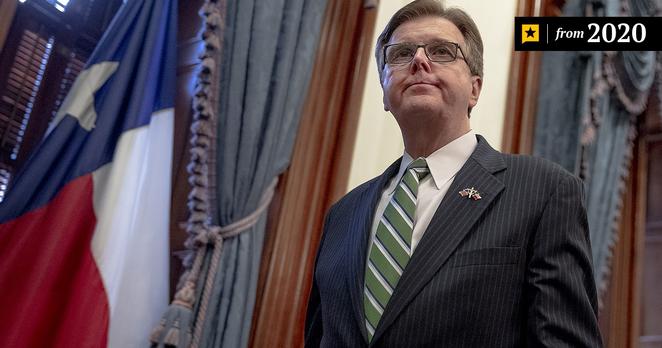 Lt. Gov. Dan Patrick exits a press conference about the state's response to the novel coronavirus at the state Capitol on March 31, 2020. This image includes a label indicating this article was published in 2020.