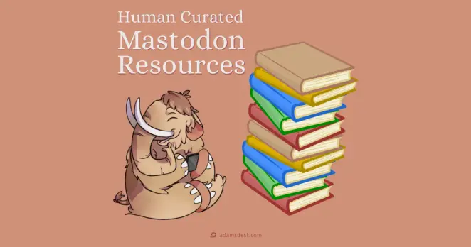 An cartoon style of a Mastodon holds a book next to large stack of books.