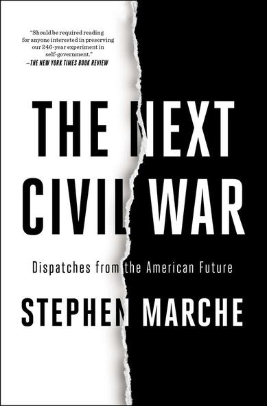 Book cover in black and white, devided by a vertical rupture in the middle, the left being black on white, the right being white on black.
Caption:
"The Next Civil War
Dispatches from the American Future
By Stephen Marche
About The Book
“Should be required reading for anyone interested in preserving our 246-year experiment in self-government.” —The New York Times Book Review * “Well researched and eloquently presented.” —The Atlantic * “Delivers Cormac McCarthy-worthy drama; while the nonfictional asides imbue that drama with the authority of documentary.” —The New York Times Book Review
A celebrated journalist takes a fiercely divided America and imagines five chilling scenarios that lead to its collapse, based on in-depth interviews with experts of all kinds.
The United States is coming to an end. The only question is how."
Source:
https://www.simonandschuster.com/books/The-Next-Civil-War/Stephen-Marche/9781982123222
Book cover in black and white, devided by a vertical rupture in the middle, the left being black on white, the right being white on black.
Caption:
"The Next Civil War
Dispatches from the American Future
By Stephen Marche
About The Book
“Should be required reading for anyone interested in preserving our 246-year experiment in self-government.” —The New York Times Book Review * “Well researched and eloquently presented.” —The Atlantic * “Delivers Cormac McCarthy-worthy drama; while the nonfictional asides imbue that drama with the authority of documentary.” —The New York Times Book Review
A celebrated journalist takes a fiercely divided America and imagines five chilling scenarios that lead to its collapse, based on in-depth interviews with experts of all kinds.
The United States is coming to an end. The only question is how."
Source:
https://www.simonandschuster.com/books/The-Next-Civil-War/Stephen-Marche/9781982123222