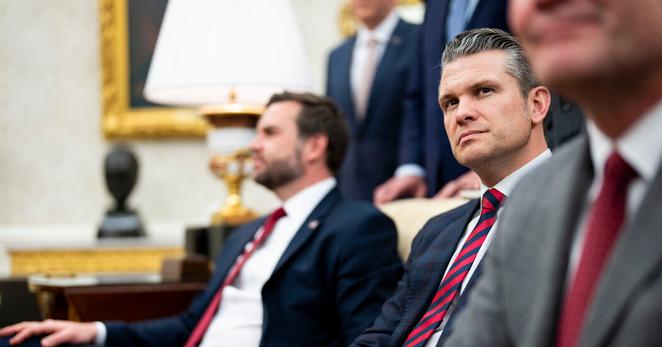 Secretary of Defense Pete Hegseth in the Oval Office in March, during a meeting between President Trump and NATO’s Secretary General.