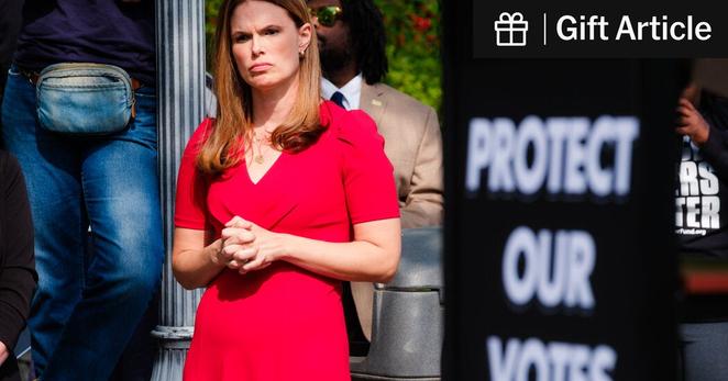 North Carolina Supreme Court Justice Allison Riggs at a protest in Raleigh against her opponent’s efforts to toss out scores of ballots.