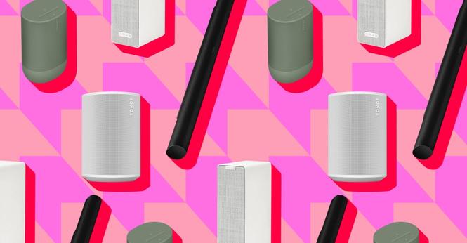 Sonos speaker models on a pink and red background.