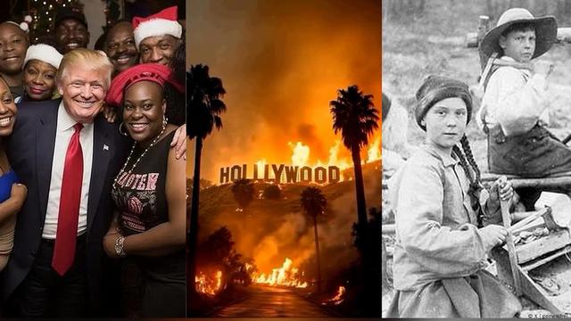 A collage showing three images: Trump with dark-skinned voters, the Hollywood sign in flames, and Great Thunberg in a black and white image.