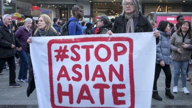Asian Americans are gathered at the Times Square to protest Asian-Hate in New York City. Asian Americans are gathered at the Times Square to protest Asian-Hate in New York City.