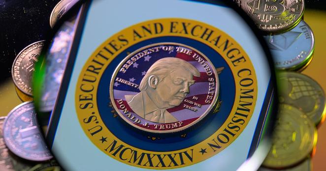 This photo illustration shows a representation of cryptocracy coins with the $Trump meme coin (collection coin) in Brussels, Belgium, on March 3, 2025.