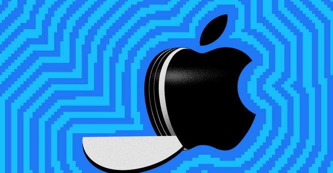 The Apple logo with a slice cut out of it against a blue background.