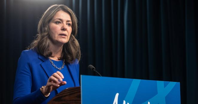 Alberta Premier Danielle Smith announces proposed changes to several pieces of democratic process legislation, in Edmonton on Tuesday April 29, 2025. THE CANADIAN PRESS/Jason Franson