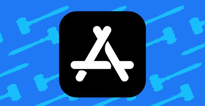 An image of the App Store logo with gavels in the background