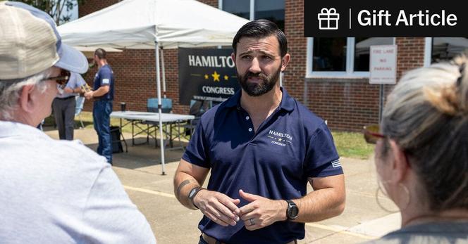 Cameron Hamilton, center, during his run for a congressional seat last year. He was appointed acting head of the Federal Emergency Management Agency soon after President Trump began his second term.