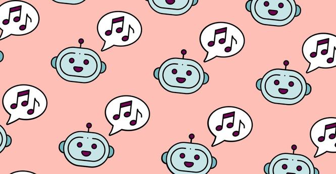Image showing a cartoony robot head with music notes inside a speech bubble near it.